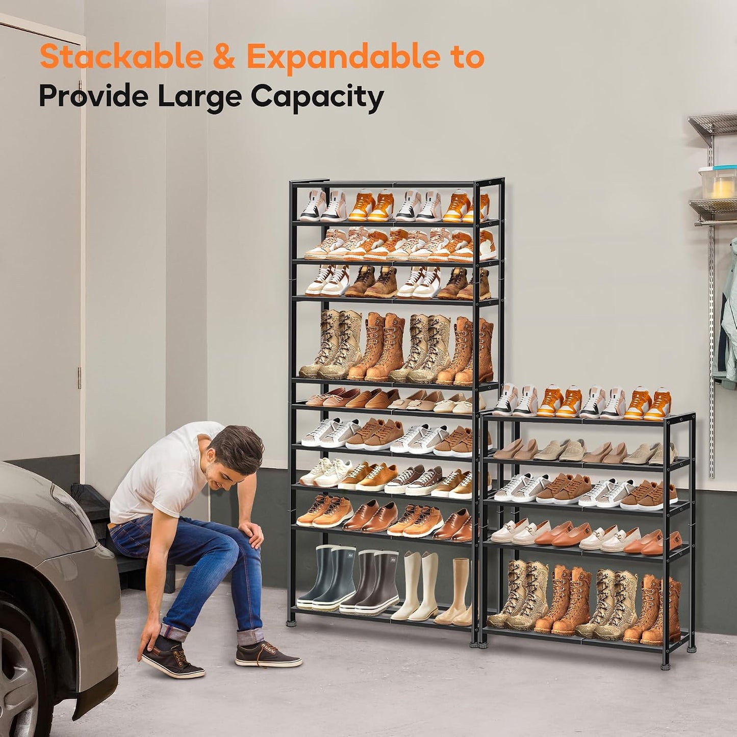 KEETDY 5-Tier Heavy Duty Shoe Rack for Garage Entryway, Stackable Shoe Organizer for 25 Pairs Men Boots, Shoe Rack for Closet Metal Shoe Storage Shelf, Floor, Hallway (Black)