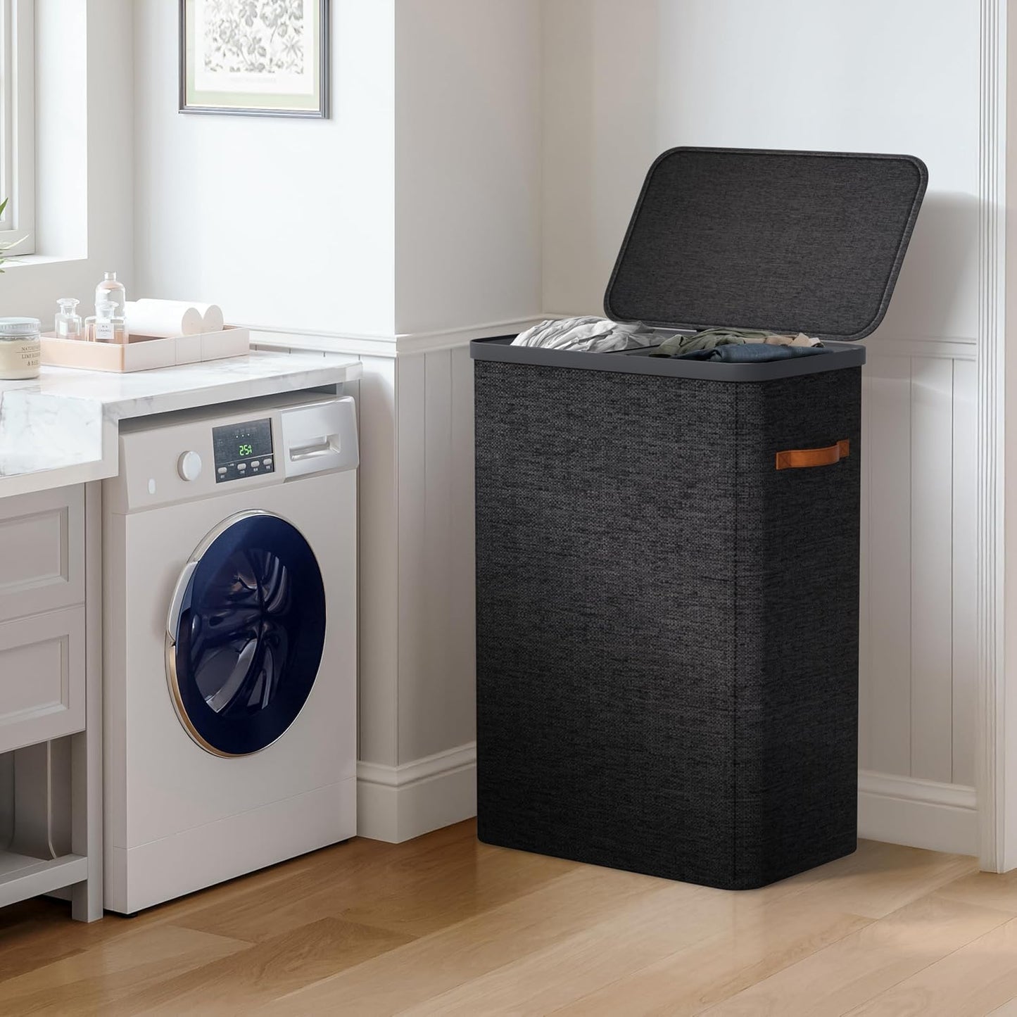 Sorbus Laundry Hamper with Lid - Collapsible 3-Compartment Fabric Laundry Basket with Handles and Removable Laundry Bag – 50 Gallon (190 L) Dirty Clothes Hamper for Bedroom, bathroom and dorm (Beige)
