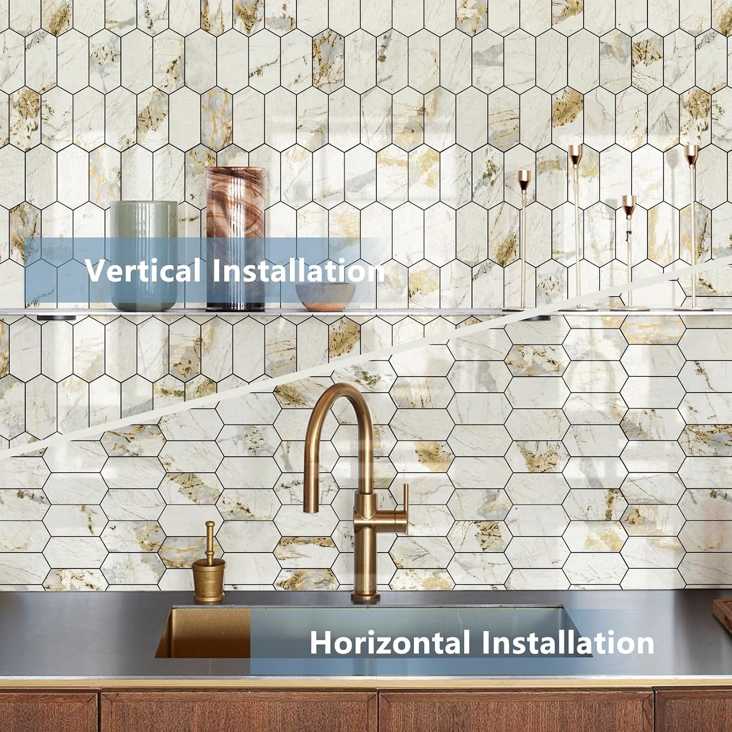 Vamos Tile Long Hexagon Peel and Stick Backsplash Tile - 10 Sheets Stick on Backsplash for Kitchen and Bathroom 12.4 x 12 Inch Glossy Wood Grain PVC Self Adhesive Mosaic Wall Tiles