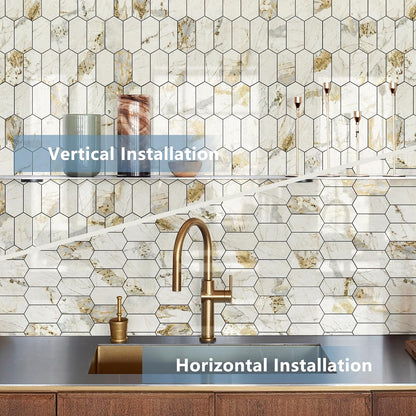 Vamos Tile Long Hexagon Peel and Stick Backsplash Tile - 10 Sheets Stick on Backsplash for Kitchen and Bathroom 12.4 x 12 Inch Glossy Wood Grain PVC Self Adhesive Mosaic Wall Tiles