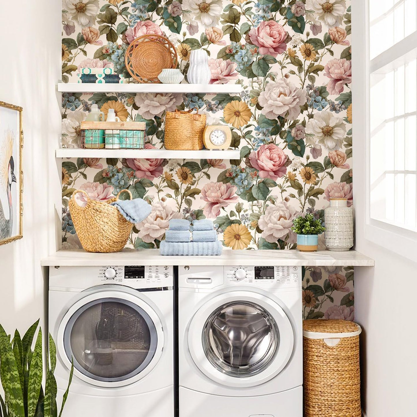 Orainege Pink Floral Peel and Stick Wallpaper Removable Self Adhesive Wallpaper 16.9inx118.1in Modern Wall Paper for Bedroom Bathroom Green Leaf Contact Paper for Cabinets