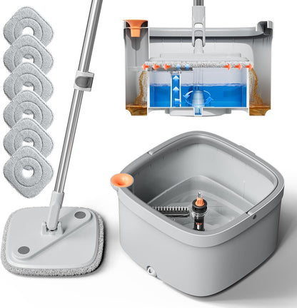 Spin Mop and Bucket Set with 2 Replaceable Microfiber Mop Pads with Self Separation Dirty and Clean Water System, Self Wringing 360° Rotating Square Mop Head for Hardwood Tile Marble Floors