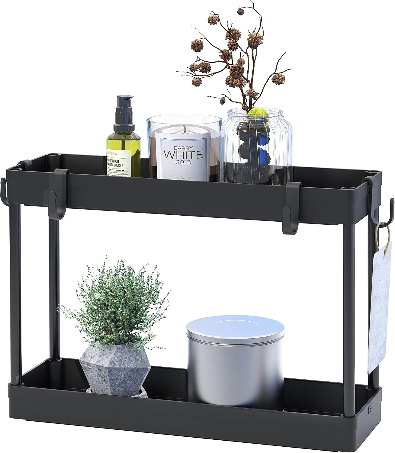 Simple Houseware 2-Tier Under Sink Organizer Storage Tray with Hooks, White