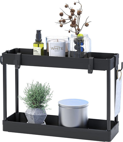 Simple Houseware 2-Tier Under Sink Organizer Storage Tray with Hooks, White