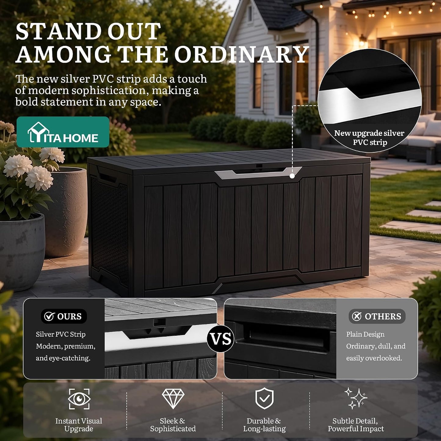 YITAHOME 100 Gallon Large Outdoor Deck Box | Waterproof Resin Storage Box, Lockable Indoor Outdoor Storage Container for Patio Furniture Cushions, Pool Accessories