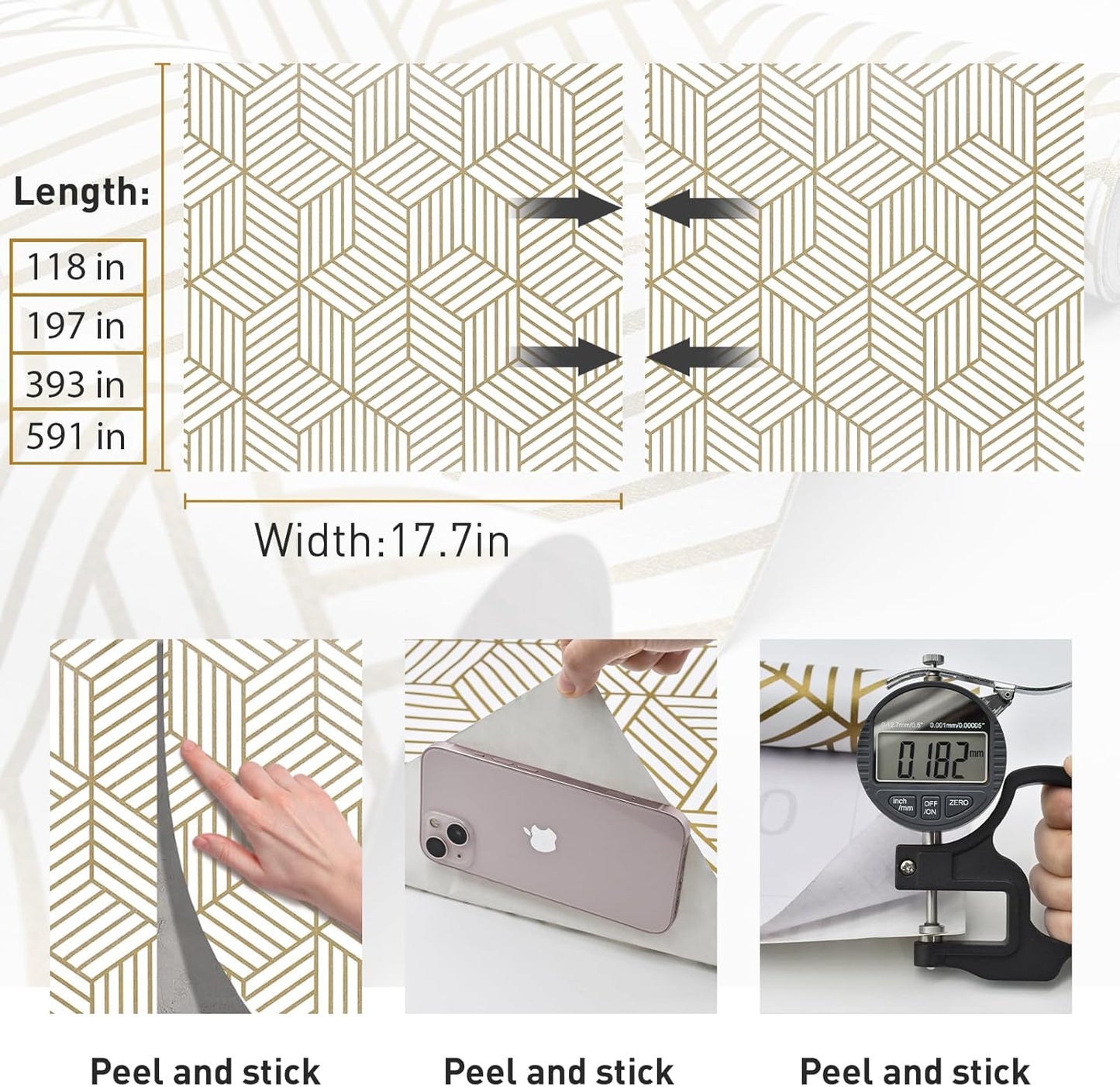 MelunMer Geometric Peel and Stick Wallpaper Gold 118In L 17.7In W Self Adhesive Removable Wallpaper for Bedroom/Bathroom Waterproof Modern Contact Paper for Cabinets Gold Contact Paper Shelf Liner