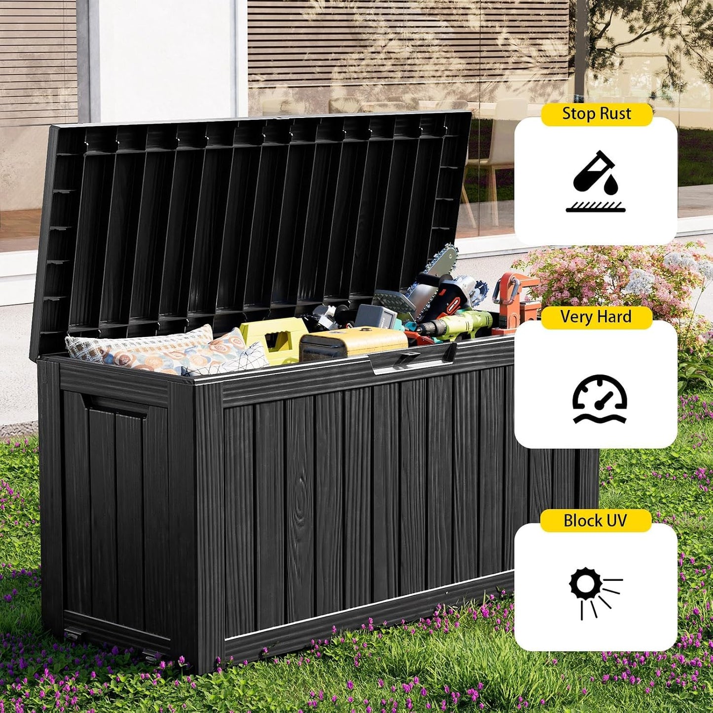 150 Gallon Waterproof Outdoor Storage Box,Resin Deck Box,Lockable Outside Storage Box Container for Patio Furniure,Garden,Tools (150 Gallon,Black)