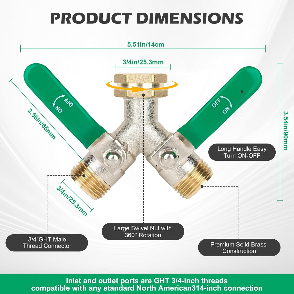 Love Is War 2 Way Garden Hose Splitter, 3/4" GHT Thread Brass Faucet Splitter with Long Easy-Turn Handles, Outdoor Water Connector for Lawn Irrigation