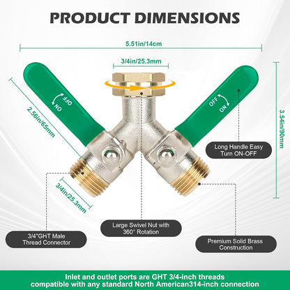 Love Is War 2 Way Garden Hose Splitter, 3/4" GHT Thread Brass Faucet Splitter with Long Easy-Turn Handles, Outdoor Water Connector for Lawn Irrigation