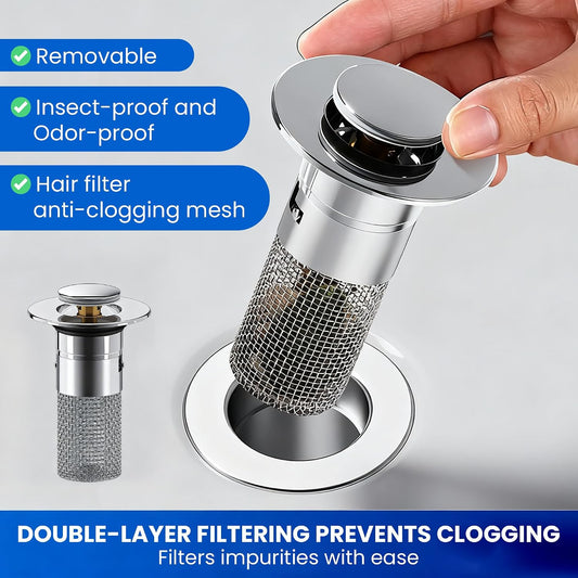 Pop-Up Bathroom Sink Drain Strainer, Stainless Steel Hair Catcher with Removable Filter Basket, Brass Core Stopper Replacement for 1.34"-1.57" Drains, Anti-Clog & Leak-Proof Design