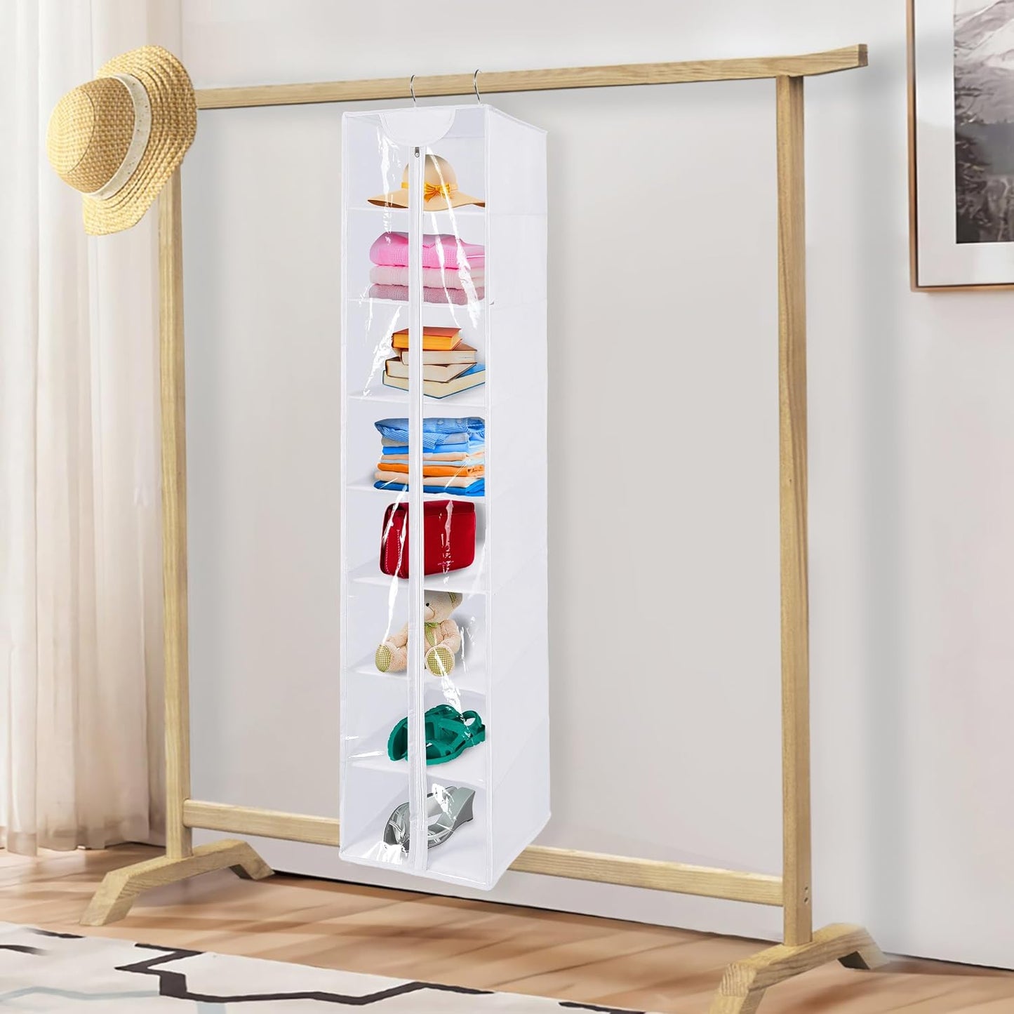 8 Tier Clear PVC Hanging Organizer With Zipper, Sweater Storage Shelves With Cover, Shoe Organizer for Closet, Black