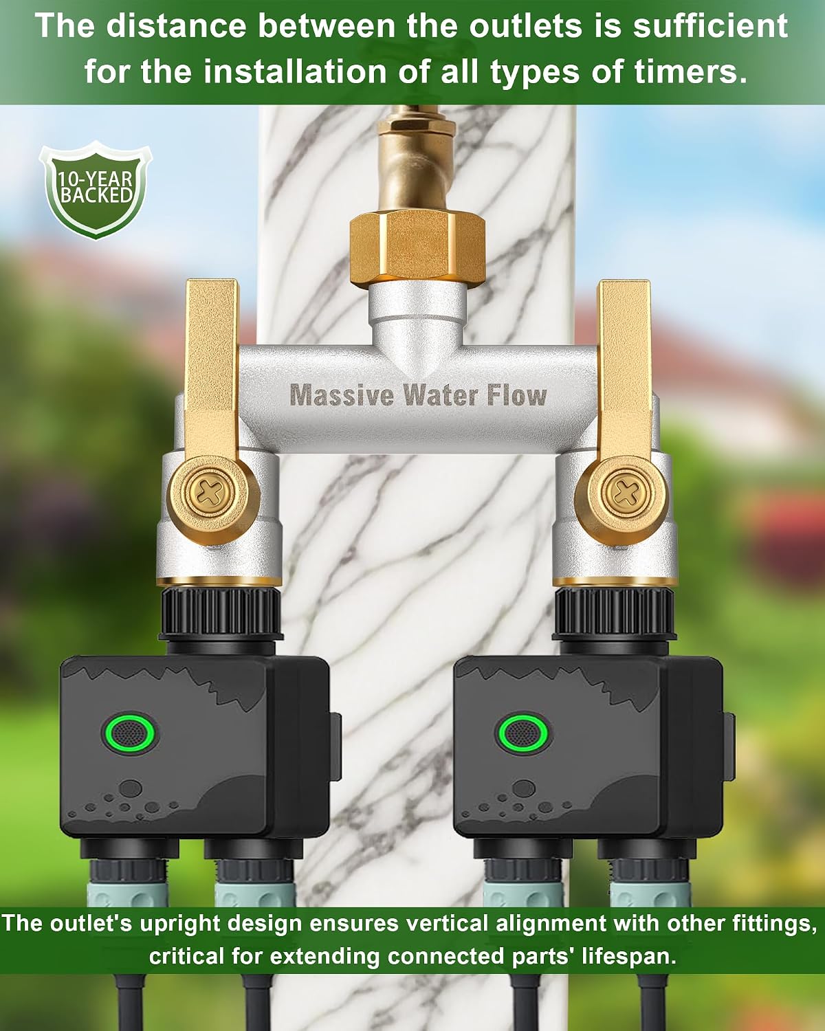 Hose Splitter 2 Way Heavy Duty, Solid Brass Full Flow Outdoor Faucet and Garden Hose Splitters, Water Spigot Splitter T Adapter, All Metal Water Connector with Shut-Off Valve, 3/4 - Inch GHT Thread