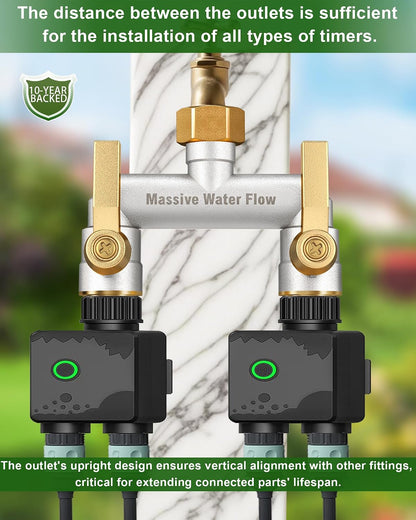 Hose Splitter 2 Way Heavy Duty, Solid Brass Full Flow Outdoor Faucet and Garden Hose Splitters, Water Spigot Splitter T Adapter, All Metal Water Connector with Shut-Off Valve, 3/4 - Inch GHT Thread