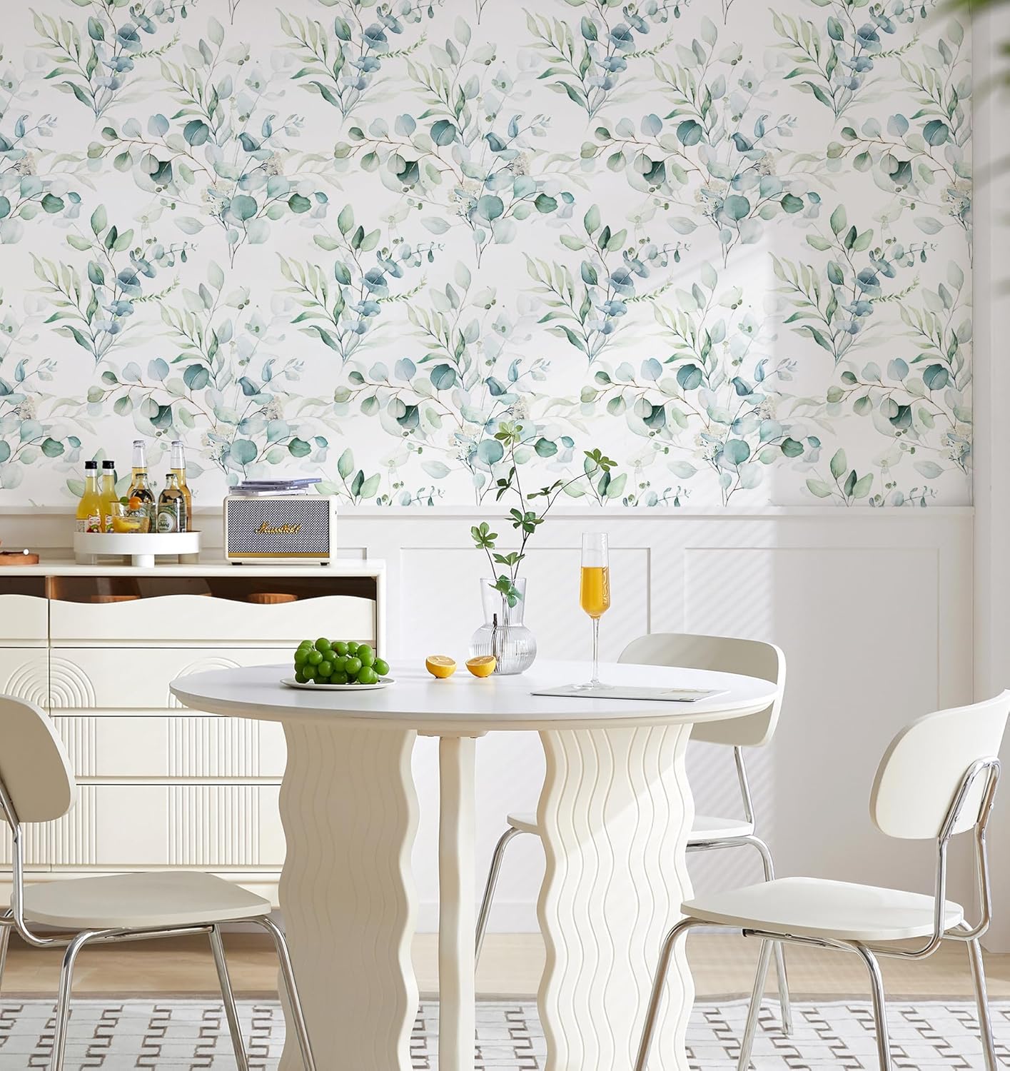 HAOKHOME Peel and Stick Wallpaper Boho Green/White Botanical Leaf Floral Wall Mural Home Nursery Decor Renter Friendly Wallpaper 17.3in x 9.8ft