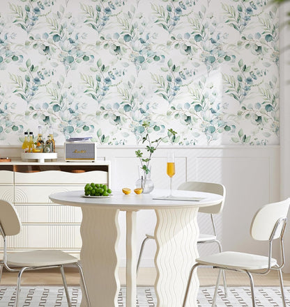 HAOKHOME Peel and Stick Wallpaper Boho Green/White Botanical Leaf Floral Wall Mural Home Nursery Decor Renter Friendly Wallpaper 17.3in x 9.8ft