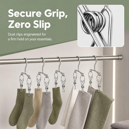 4PCS Double Clip Stainless Steel Travel Hanger, Portable Rustproof Space Saving Laundry Drying Hanger with Dual Clips, Compact Hotel Travel Hanger for Socks Handkerchiefs Small Items
