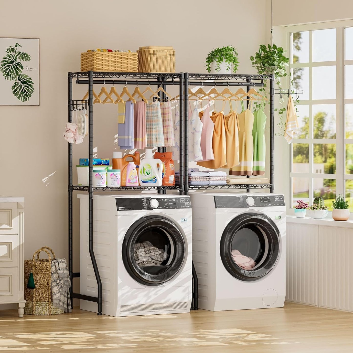 Golpart Over Washer and Dryer Shelves,Heavy Duty Laundry Room Storage Organization Clothes Drying Rack,5 Tier Adjustable Height Wire Shelving and Wire Basket with Hanger Rod&Hook,Space Saving Shelf
