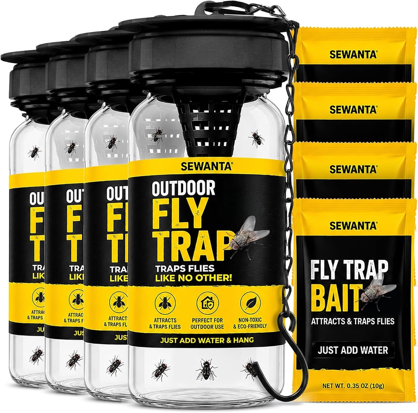 Outdoor Fly Trap [2 Pack] Fly Traps Outdoor with Dissolvable Non-Toxic Bait - Controls Flies for Patios, Hanging Fly Traps with Tie Included