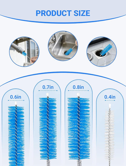 SARDVISA Drain Cleaning Brush, 66 Inch Double Ended Flexible Pipe Tube Cleaner with 3 Straw Brushes, Long Nylon Bristle Brush for Kitchen Sink, Bathroom, Shower Drain, and Pipe Buildup