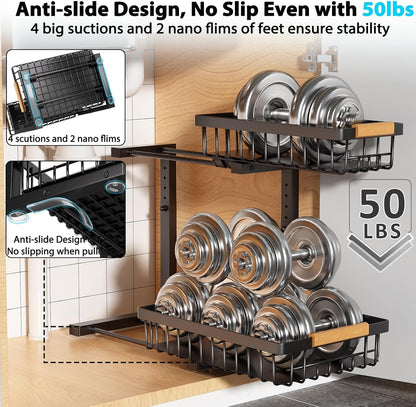 Liuoud Under Sink Organizer 2 Pack, 2 Tier Slide Out Large Capacity Height Adjustable Under Sink Organizers and Storage for Kitchen Bathroom Cabinet, White
