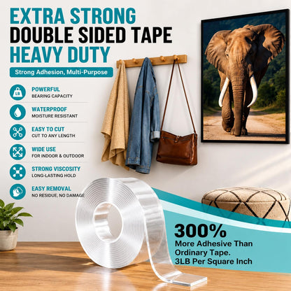 Ohayooz® Extra Strong Double Sided Tape Heavy Duty Removable 10FT, Clear Sticky Nano Adhesive Wall Tape for Hanging Picture, Poster, Carpet, Photo Deco