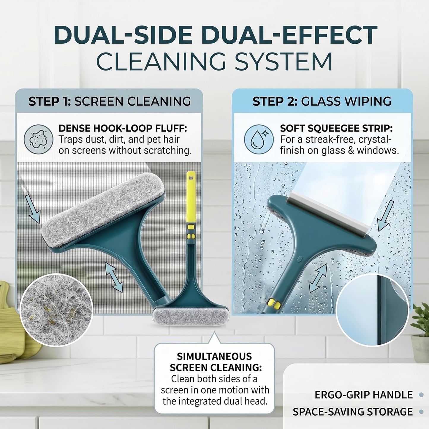 2Pcs Window Screen Cleaner Tool & Mesh Screen Cleaner Brush, 2-in-1 Double-Sided Scrubber with Detachable Handle, 16x46 cm