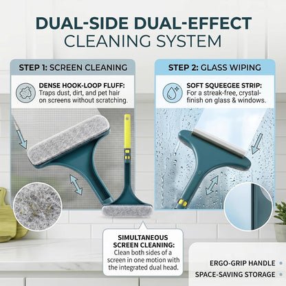 2Pcs Window Screen Cleaner Tool & Mesh Screen Cleaner Brush, 2-in-1 Double-Sided Scrubber with Detachable Handle, 16x46 cm