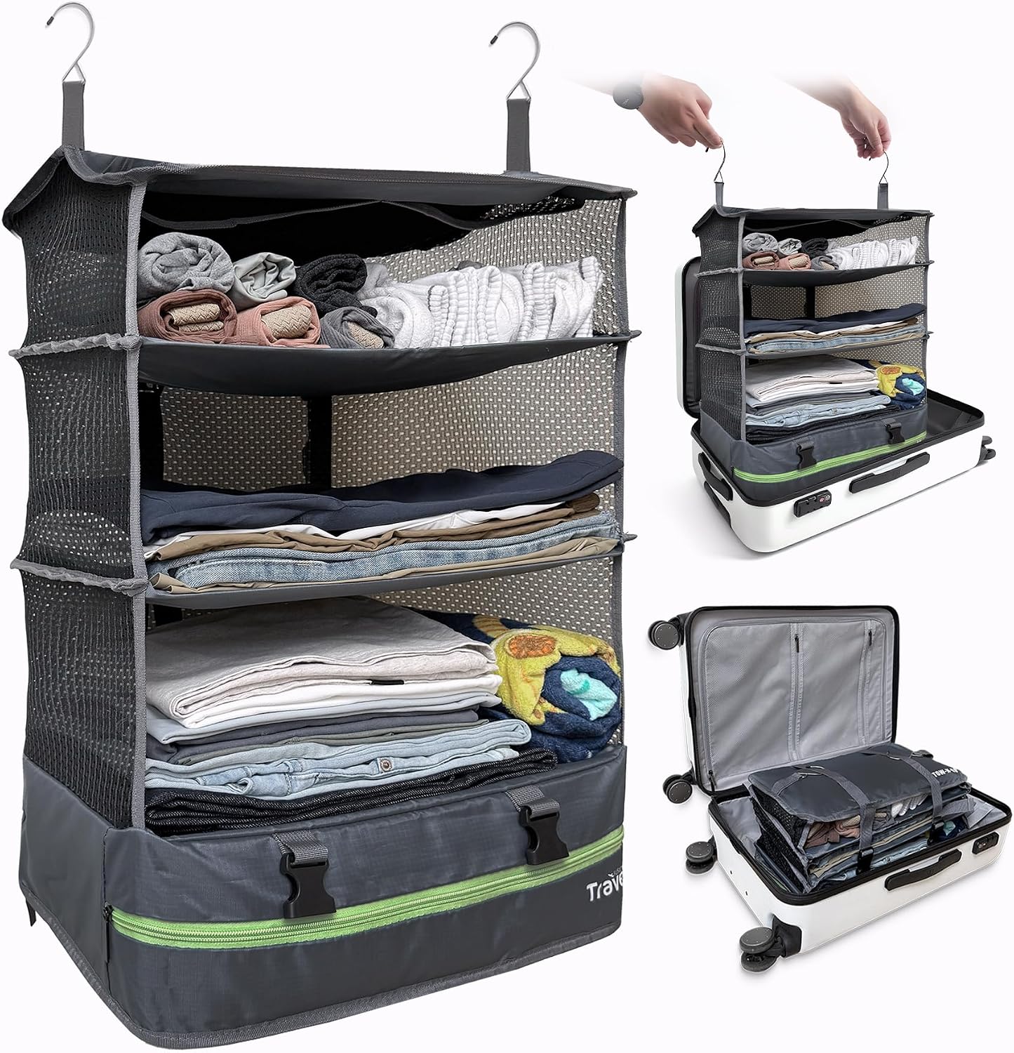 Grand Fusion Stow-N-Go Hanging Travel Shelves, Packing Organizer for Luggage. Carry on Closet for Suitcase. Expandable Packing Cube. Travel Essentials. (Black - L, L = (L) 11.8" x (W) 11.8")
