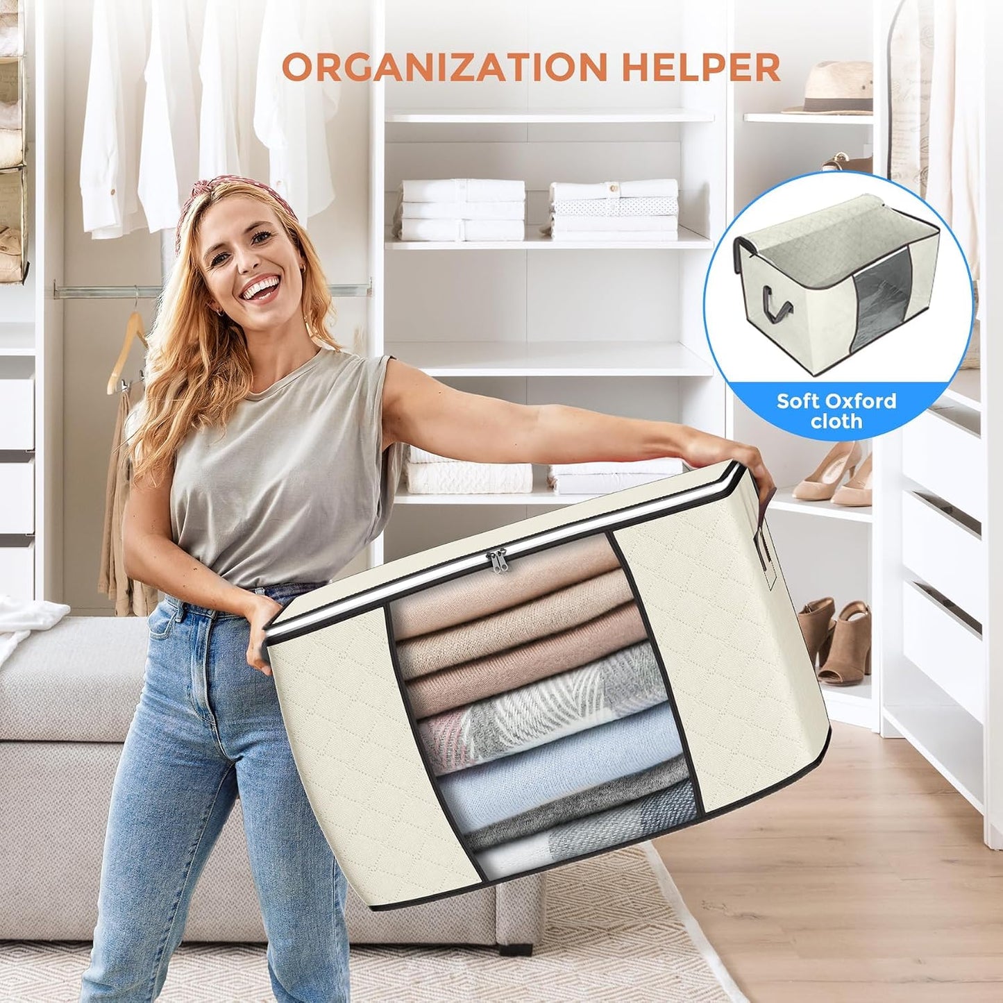 90L Large Storage Bags, 6 Pack Clothes Storage Bins Foldable Closet Organizers Storage Containers with Reinforced Handle for Clothing, Blanket, Comforters, Bed Sheets, Pillows and Toys (Gray)