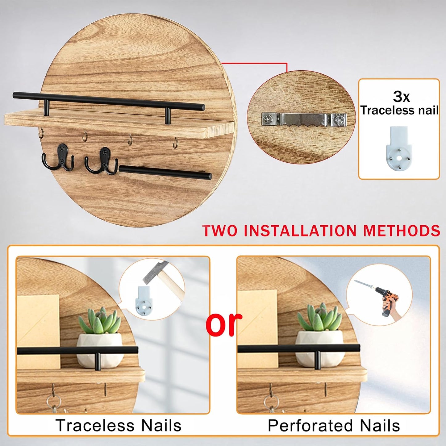 dreampossible Key Holder for Wall Decorative with Shelf and Hooks, Mail Organizer Wall Mount, Circular Design Entryway Key Rack Hanger, Rustic Home Decor (Black)
