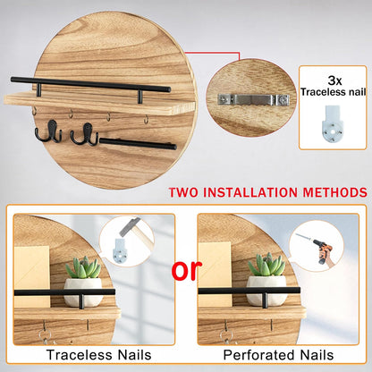 dreampossible Key Holder for Wall Decorative with Shelf and Hooks, Mail Organizer Wall Mount, Circular Design Entryway Key Rack Hanger, Rustic Home Decor (Black)