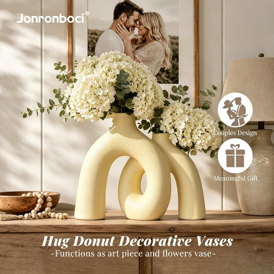 Hug Donut Decorative Vase Set - Modern Nordic Boho Style Vases Home Decor, Matte Ceramic Decorations for Living Room Shelf, Bookshelf Mantle Entryway Table or Console Décor (Cream White)