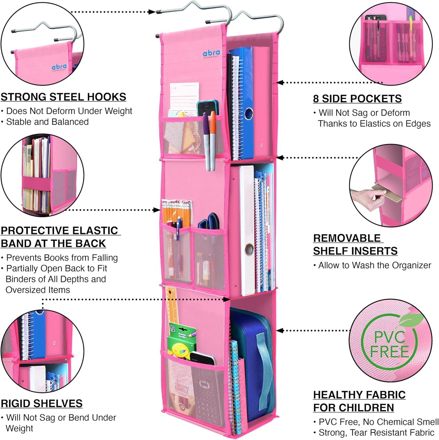 ABRA® 3 Shelf Hanging Locker Organizer for School, Gym, Work, Storage | Deep Shelves 6”x 9”| Eco-Friendly Fabric Healthy for Children | Adjustable School Locker Shelf 3 to 2 Shelves (Pink)