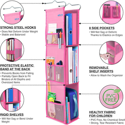 ABRA® 3 Shelf Hanging Locker Organizer for School, Gym, Work, Storage | Deep Shelves 6”x 9”| Eco-Friendly Fabric Healthy for Children | Adjustable School Locker Shelf 3 to 2 Shelves (Pink)
