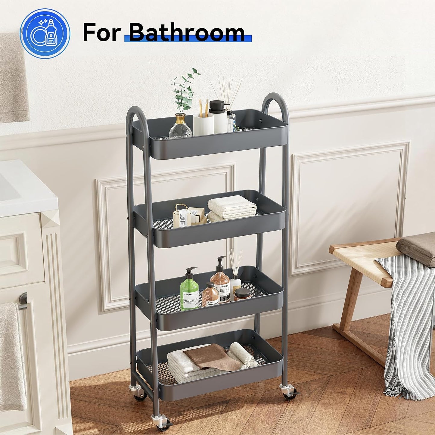 NEWBULIG 3-Tier Rolling Storage Cart, Metal Mobile Utility Organizer Shelf with Lockable Wheels, Space-Saving Freestanding Storage for Bathroom Living Room and Narrow Corner Spaces, Green