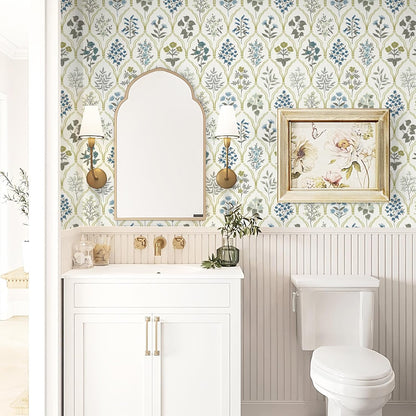 Dimoon 17.3''x78.7'' Vintage Peel and Stick Wallpaper Boho Beige Neutral Contact Paper White Floral Bird Wallpaper Removable Botanical Renter Friendly Modern Wall Paper Bedroom Bathroom Vinyl Roll