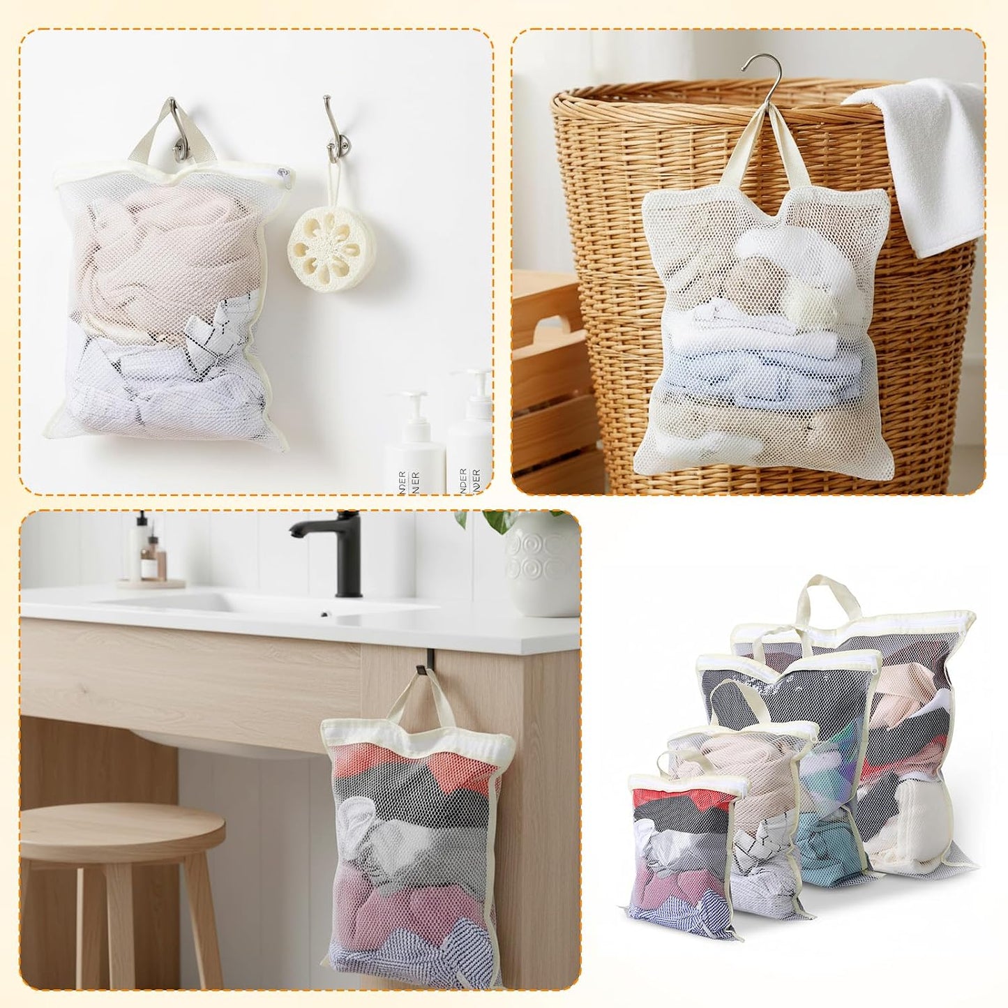 Tyqour 4PCS Mesh Laundry Bags for Washing Machine Hanging Laundry Hamper Delicates Laundry Bag with Handles (S/M/L/XL) Zipper Opening Wash Bag for Coat Sweater Lingerie Sock Sheet
