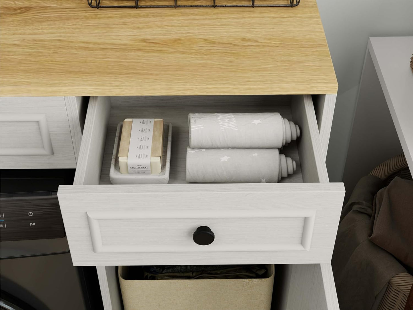 Laundry Room Storage Cabinet with Doors, Washer Dryer Countertop with Shelf & Laundry Basket, Over The Washer and Dryer Storage Shelf Cabinet for Bathroom, Easy Assembly (Large)