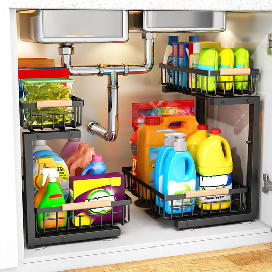 Under Sink Organizer, Pull Out Kitchen Storage Cabinet Organizer, 2-Tier Metal Slide Out Shelf for Bathroom Laundry Kitchen Storage with Drawers, 11.8"W x 15.9"D x 13.8-16.9"H, White, 2 Pack
