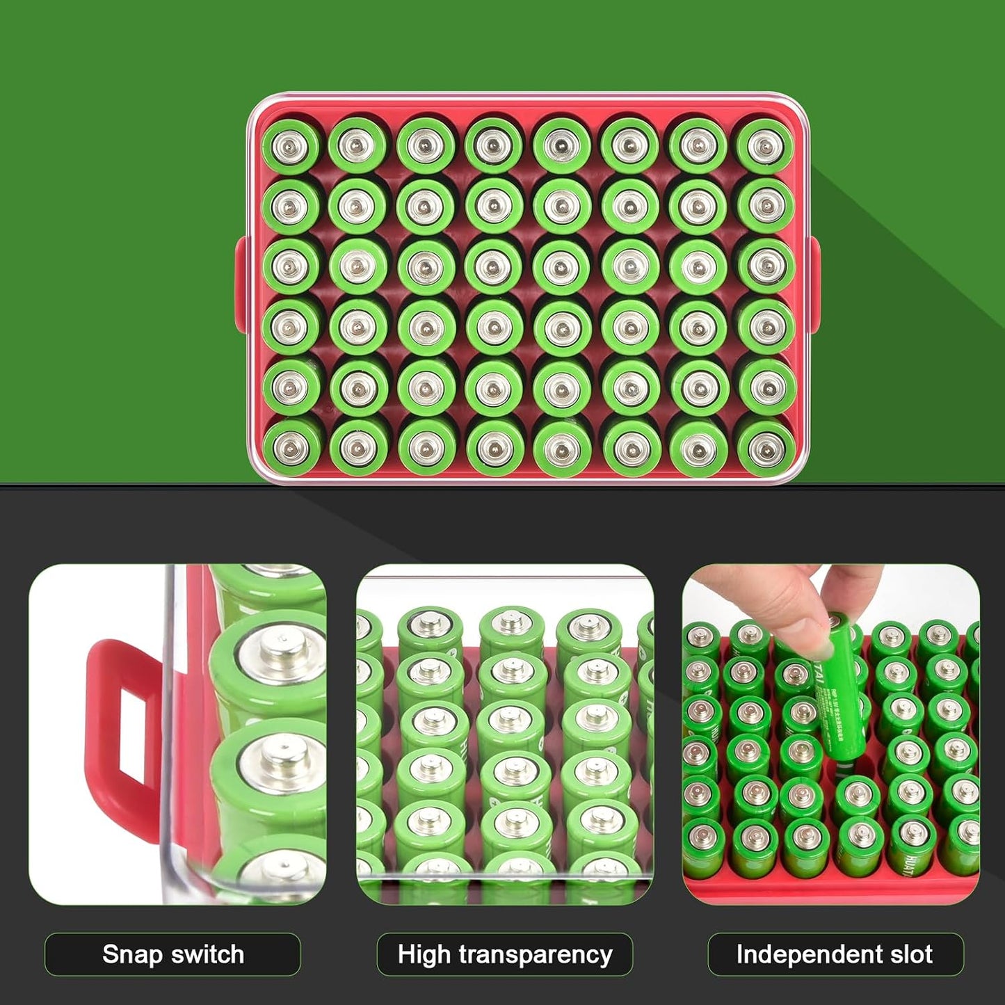 ALCYON Battery Organizer Storage Case, Battery Vault Box Container for 48pcs AA Batteries, Plastic Clear Protective Battery Holder for Travelling/Home/Office (Black, Large)