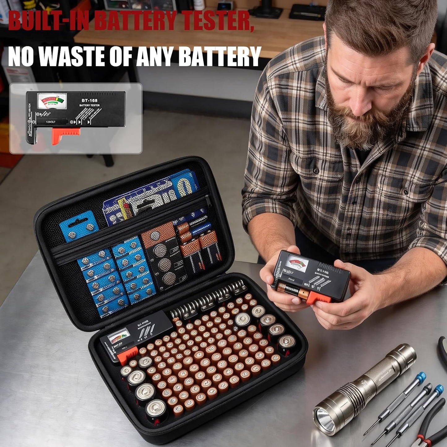 Comecase Battery Storage Case with Tester, Holds 148+ AA AAA C D 9V, Black | Hard-Shell Design, Carry Handle and Custom Foam Slots Keep Batteries Visible, Separated and Ready for Home, Garage or Office