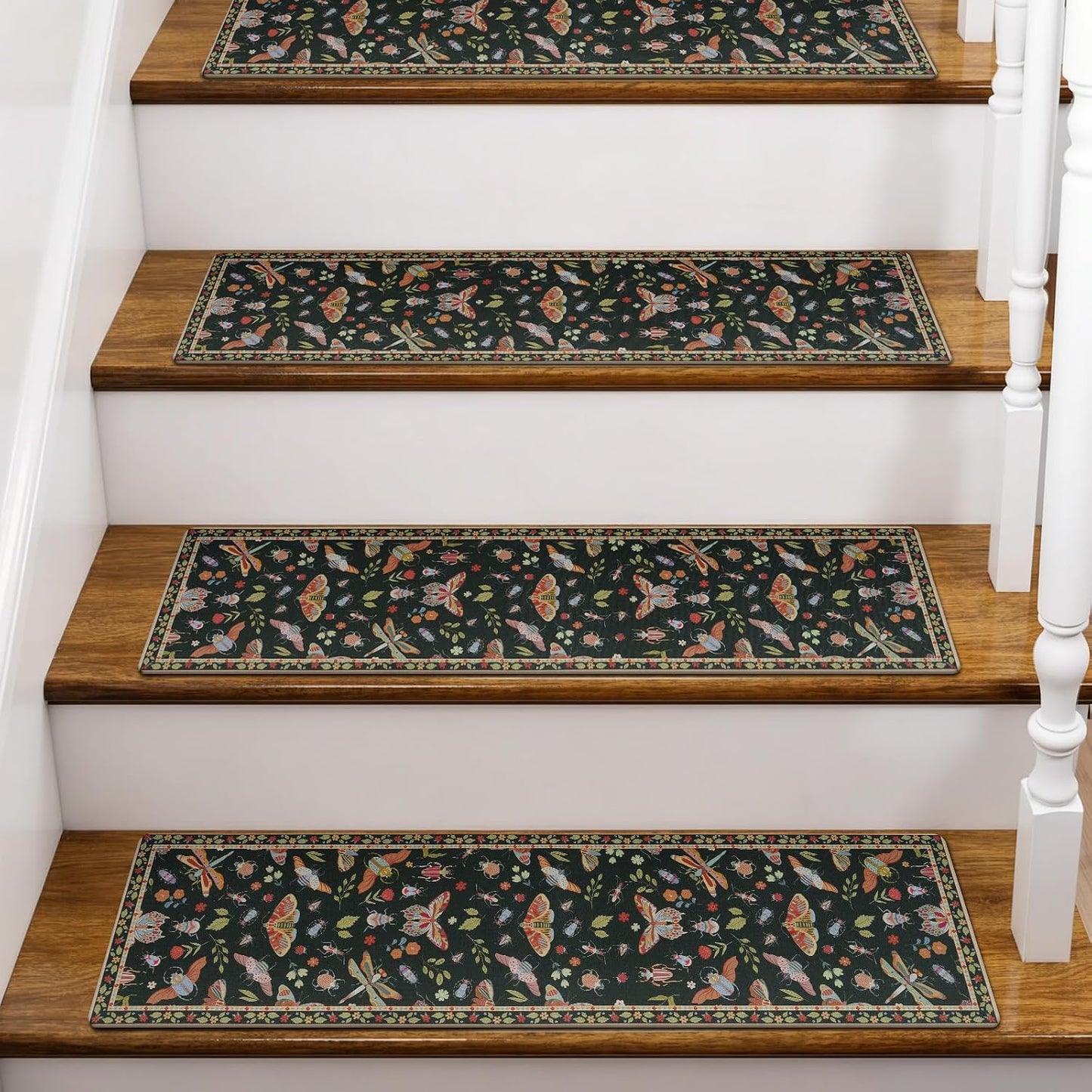 OJIA Insect Print Stair Treads Non Slip Stair Runners for Wooden Steps Indoor, 15PCS 8"x30" Rubber Backing Carpet Treads for Wood Stairs Staircase Step Treads for Kids & Dogs, Stair Covers, Black