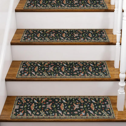 OJIA Insect Print Stair Treads Non Slip Stair Runners for Wooden Steps Indoor, 15PCS 8"x30" Rubber Backing Carpet Treads for Wood Stairs Staircase Step Treads for Kids & Dogs, Stair Covers, Black