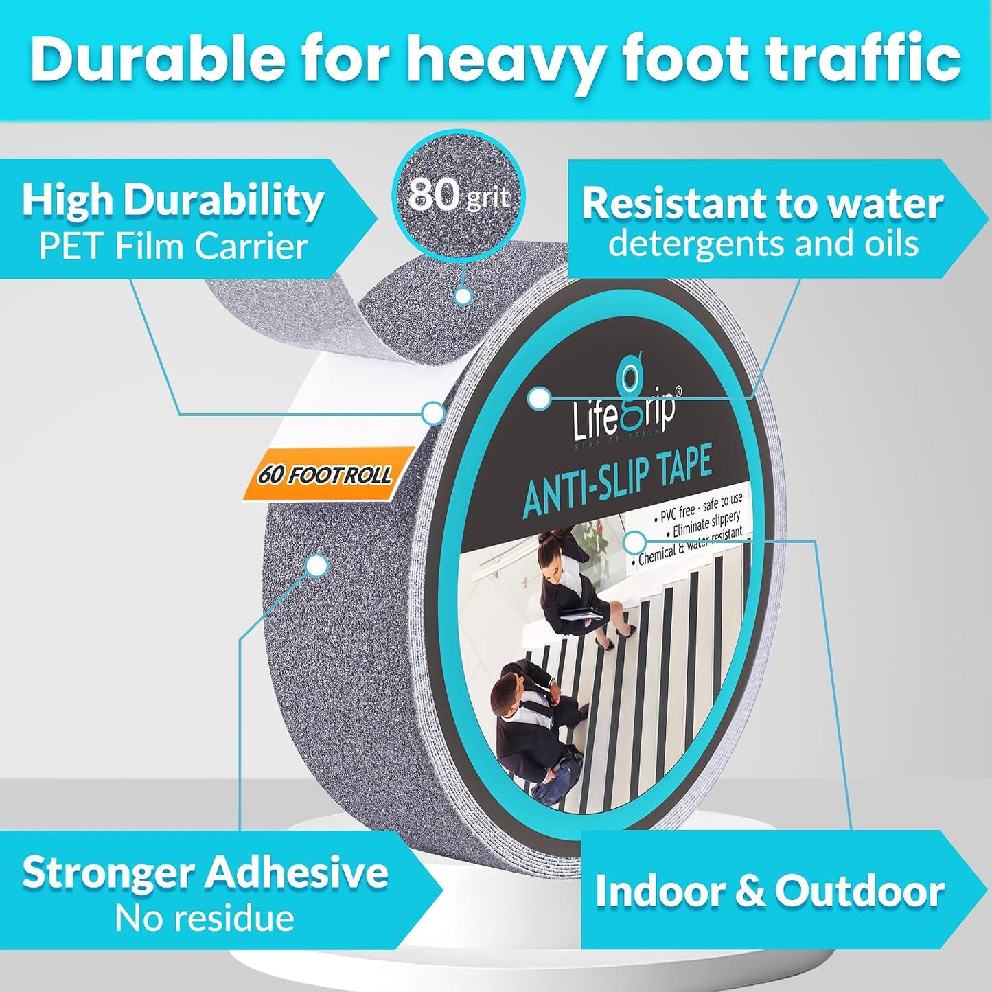 Lifegrip Anti Slip Tape, 4 Inch x 15 Foot Non-Slip Traction Grip Tape for Stairs, Waterproof Stair Treads Grip Non Slip, Non Skid Tape for Steps, Outdoor Black Grip Tape (4" X 15')