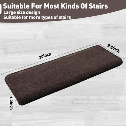 PURE ERA Carpet Stair Treads Ultra Plush 9.5" X 30"Soft Bullnose Indoor Stair Protectors Pet-Friendly Non-Slip Skid Resistant Tape Free Washable Reusable(2 Pieces,Brown)