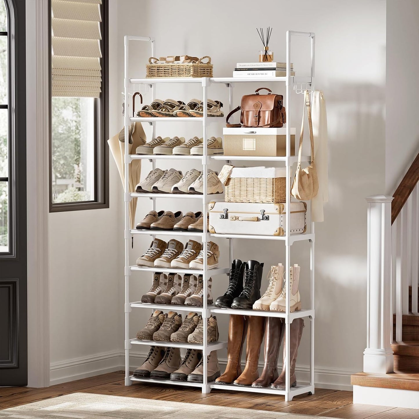 WOWLIVE 9 Tiers Large Shoe Rack Storage Organizer for Closet 50-55 Pairs Shoe Tower Unit Shelf Stackable Shoe Rack with Metal Pipes Plastic Connectors Black(SSS3B9)