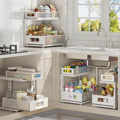 2 Pack Under Sink Organizer with Next-Gen Ball-Bearing Slides,2-Tier Pull Out Cabinet Storage,Height Adjustable Drawer Shelf for Bathroom,Kitchen,Laundry,Cabinet,Pantry(Patent Pending)