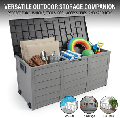 75 Gallon Outdoor Storage Box, 260L Waterproof Resin Deck Box for Patio Furniture Cushions, Garden Tools and Yard Accessories, Lockable Storage Chest with Wheels and Handles (Brown)