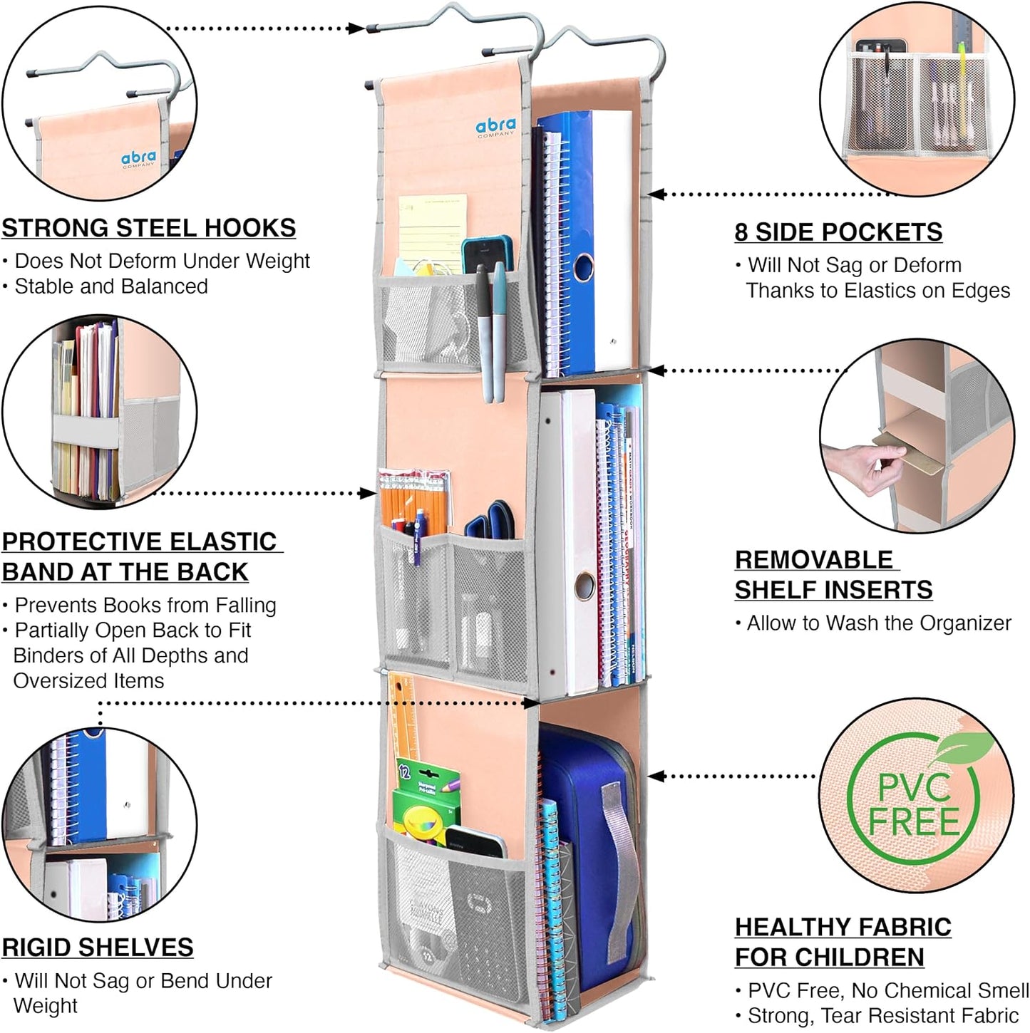 ABRA® 3 Shelf Hanging Locker Organizer for School, Gym, Work, Storage | Deep Shelves 6”x 9”| Eco-Friendly Fabric Healthy for Children | Adjustable School Locker Shelf 3 to 2 Shelves (Pink)