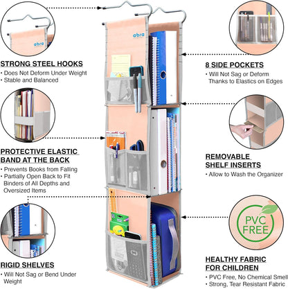 ABRA® 3 Shelf Hanging Locker Organizer for School, Gym, Work, Storage | Deep Shelves 6”x 9”| Eco-Friendly Fabric Healthy for Children | Adjustable School Locker Shelf 3 to 2 Shelves (Pink)